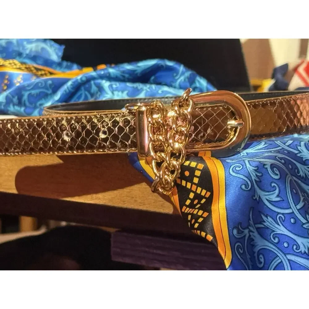Women’s Brown Snakeskin Pattern Fashion Belt Gold Buckle Chain Accent S/M